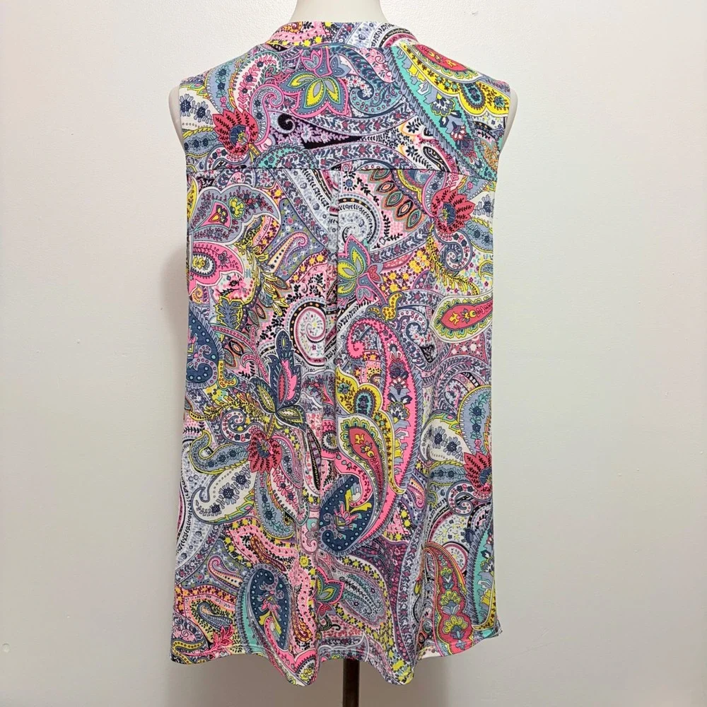 Dear Scarlett Sleeveless Blouse XL Multi Paisley Split Neck Relaxed Fit Top - Picture 5 of 7
